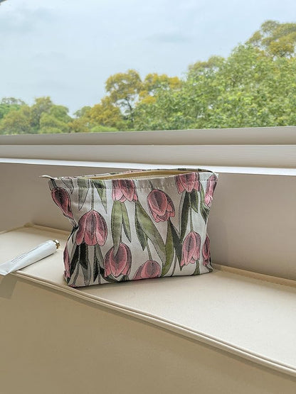 The Summer Swan | Large Aesthetic Makeup Bag Floral Mid-day Clutch Period Kit Hygiene Skincare Cute (Burgundy Tulip)