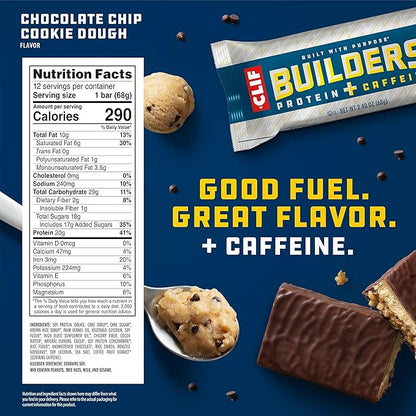 CLIF Builders + Caffeine - Chocolate Chip Cookie Dough Flavor - Plant Based Protein Bars - Gluten Free - Non-GMO - Low Glycemic - 20g Protein - 2.4 oz. (12 Count)