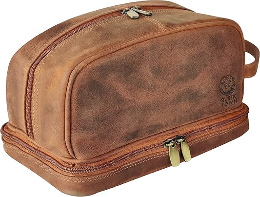 RUSTIC TOWN Leather Toiletry Bag for Men Travel Shaving Dopp Kit Toiletries Organizer Cosmetic Makeup Bag for Women