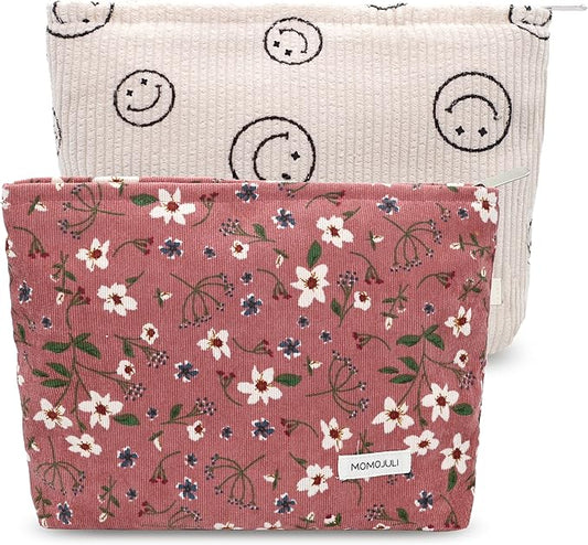 Corduroy Makeup Bag Cosmestic Bag Large Capacity Ladies Women Aesthetic Make Up Organizer Accessories Zipper Pouch Purse （Beige+Pink Flower）