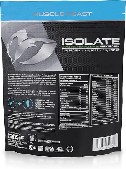 Muscle Feast Grass-Fed Whey Protein Isolate, All Natural Hormone Free Pasture Raised, Unflavored, 2lb