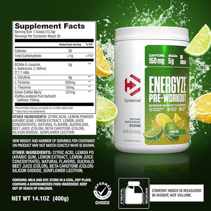 Dymatize Energyze Pre Workout Powder for Men and Women, Lemon Lime Flavor, 150mg Caffeine, 5g BCAAs, Performance Blend of L-Theanine, L-Tyrosine, L-Citrulline, No Sugar, 30 Servings