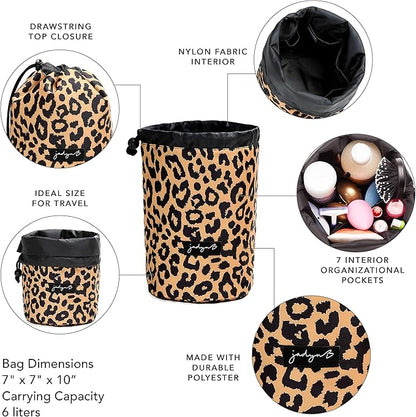 Jadyn Durable Cinch Top Makeup Organizer - Compact Travel Makeup Bag - 7 Interior Pockets for Cosmetics - Drawstring Toiletry Travel Bag for Women - 6L Storage Capacity - (Leopard)