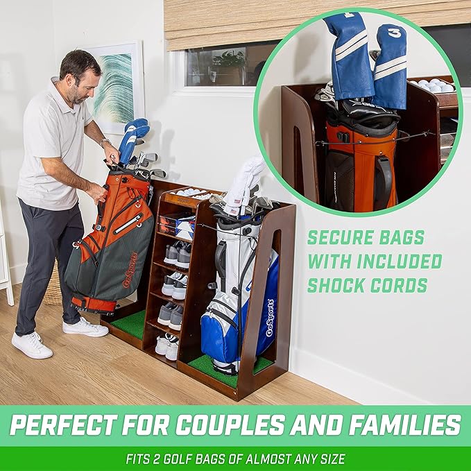 GoSports Premium Wooden Golf Bag Organizer and Storage Rack - Black, White or Brown Finish - Holds 2 Golf Bags