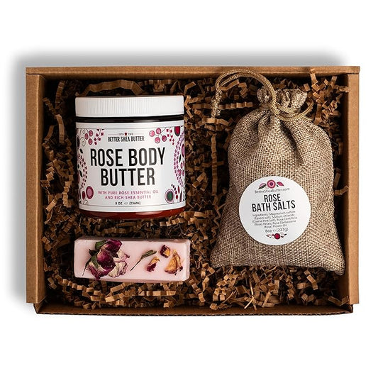 Natural Spa Gift Set for Women, Luxury Bath Set with Rose Bath Salt, Non Toxic Wax Melts and Rose Body Butter – Perfect as New Mom Gifts, Stress Relief Gifts, Gift Box for Women, Self Care Kit