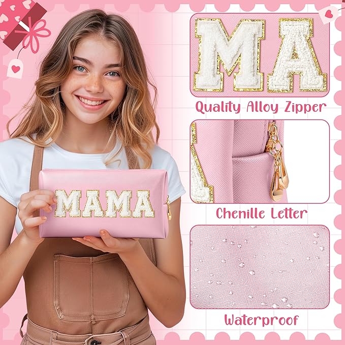 CY2SIDE MAMA Letter Makeup Bag - White Mama Chenille Letter Patch Cosmetic Bag Pink PU Leather Patch Travel Pouch Waterproof Portable Zipper Travel Organizer Case Christmas Idea Gifts for Mom Women