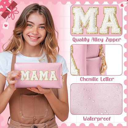 CY2SIDE MAMA Letter Makeup Bag - White Mama Chenille Letter Patch Cosmetic Bag Pink PU Leather Patch Travel Pouch Waterproof Portable Zipper Travel Organizer Case Christmas Idea Gifts for Mom Women