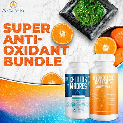 Aura Vitamin Mega Antioxidant Bundle | Hydrolyzed Collagen & AFA Stem Cell | Hydrolyzed Collagen with Vitamin C, Aphanizomenon Flos-Aquae | Celula Madre Skin, Hair and Nail Support – 60 Each Caps (3)