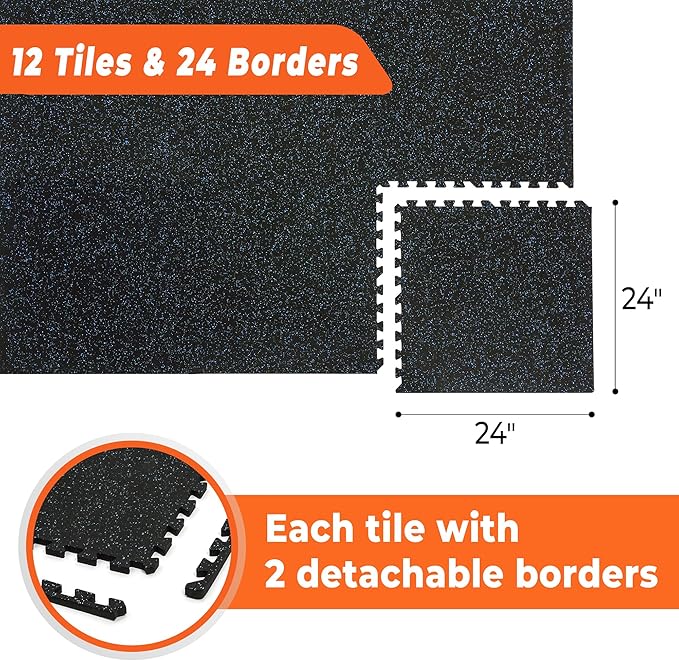 SUPERJARE 0.4 Inch Gym Flooring for Home Gym 12 Tiles 24" x 24" Workout (48 sqft)