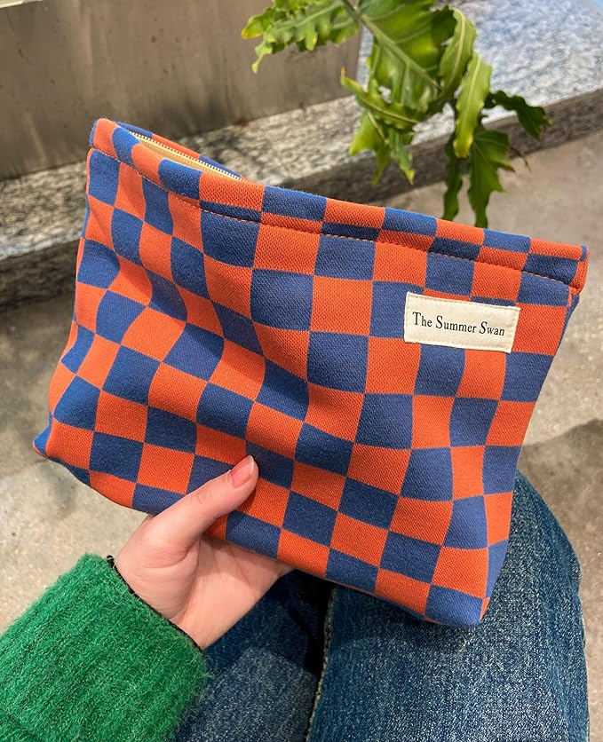 The Summer Swan Large Floral Mid-day Clutch Period Kit Hygiene Skincare Cute Makeup Bag (Colour Block Checkered Orange Navy)
