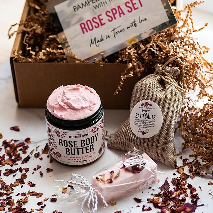 Natural Spa Gift Set for Women, Luxury Bath Set with Rose Bath Salt, Non Toxic Wax Melts and Rose Body Butter – Perfect as New Mom Gifts, Stress Relief Gifts, Gift Box for Women, Self Care Kit