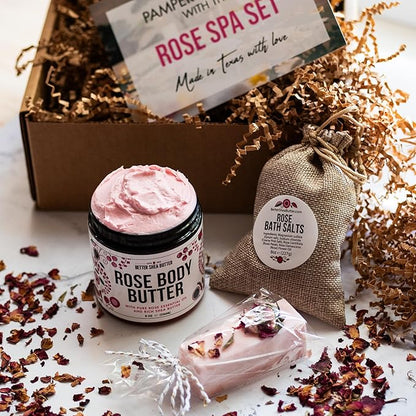 Natural Spa Gift Set for Women, Luxury Bath Set with Rose Bath Salt, Non Toxic Wax Melts and Rose Body Butter – Perfect as New Mom Gifts, Stress Relief Gifts, Gift Box for Women, Self Care Kit