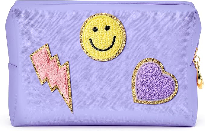 LieToi Preppy Patch Cosmetic Toiletry Bag, PU Leather Portable Waterproof Makeup Bag Smile Lightning Heart Organizer Compliant Bag Daily Travel Use Storage Purse for Women Girls (Large, Taro Purple)