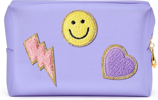 LieToi Preppy Patch Cosmetic Toiletry Bag, PU Leather Portable Waterproof Makeup Bag Smile Lightning Heart Organizer Compliant Bag Daily Travel Use Storage Purse for Women Girls (Large, Taro Purple)