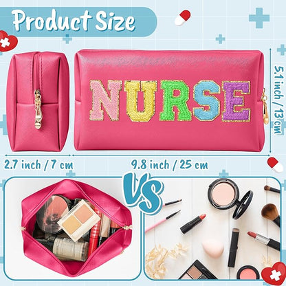 CY2SIDE NURSE Letter Makeup Bag - Colorful Chenille Letter Patch Cosmetic Bag Pink PU Leather Patch Travel Pouch Waterproof Portable Zipper Travel Organizer Case Christmas Gifts for Nurse Women