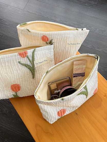 The Summer Swan | Large Aesthetic Makeup Bag Preppy Skincare Organizer Floral Mid-day Clutch Period Kit Hygiene Cute (Tulip)