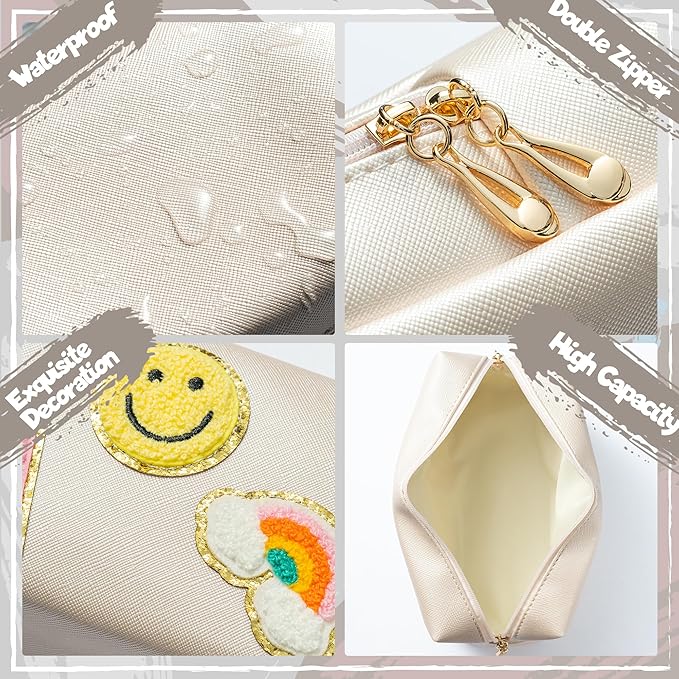 LieToi Preppy Patch Cosmetic Toiletry Bag, PU Leather Portable Waterproof Makeup Bag Smile Lightning Rainbow Organizer Compliant Bag Daily Travel Use Storage Purse for Women Girls (Large, Shell White)