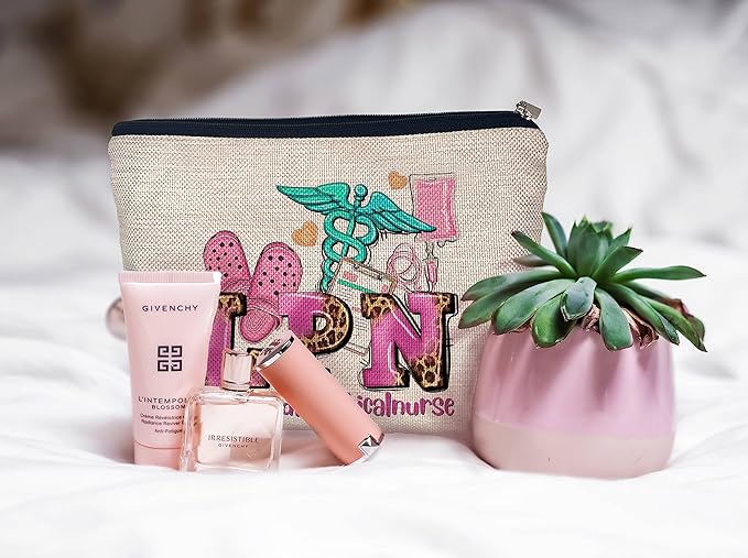 Ayxvt LPN Licensed Practical Nurse Cosmetic Bag,Retro Gorgeous Pink Leopard Clipart Decorative Women's Makeup Bag Zipper Pouch Travel Toiletry,Nurse's Day Nurse Graduation Gifts for Nurse Women Girls