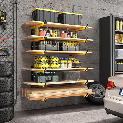 GREENER Lumber Storage Rack Folding Wood Storage Racks Wall-Mounted Metal Racks for Storage with 3-Level Heavy Duty Garage Wood Organizer for Woodworking Shop Indoor & Outdoor Use, 4 pairs,Yellow