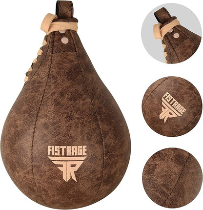 FISTRAGE Speed Bag Boxing Ball Leather MMA Muay Thai Training Punching Dodge Striking Kit with Free Hanging Swivel Workout Speedball Kicking Platform Equipment