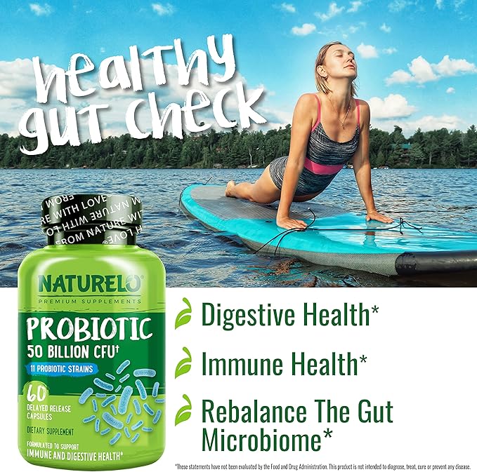 NATURELO Probiotics for Digestive Health - 50 Billion CFU, 11 Strains, Daily Use Supplement - Boosts Immune System, Delayed Release, No-Fridge, 60 Vegetarian Capsules (2 Pack)
