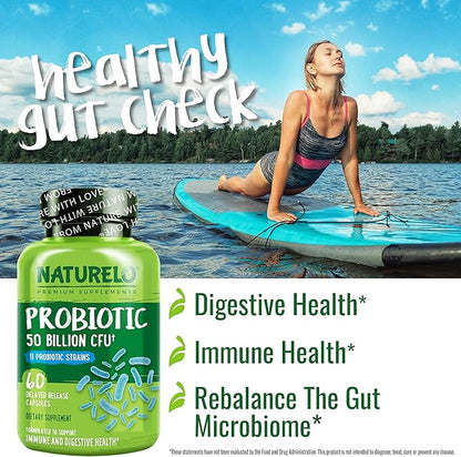 NATURELO Probiotics for Digestive Health - 50 Billion CFU, 11 Strains, Daily Use Supplement - Boosts Immune System, Delayed Release, No-Fridge, 60 Vegetarian Capsules (2 Pack)