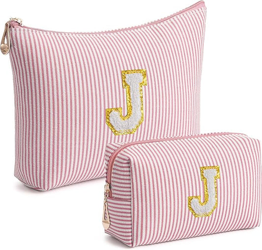 Pink Personalized Initial Makeup Bag Set, Cute Preppy Travel Toiletry Cosmetic Bags, Small Make Up Pouch, Birthday Gifts for Women, Girls, Friends, (J)