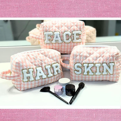 3pc Checker Makeup Cosmetic Bag Preppy Patch Travel Pouch for Women Chenille Letter Patch Small Portable Cosmetic Bag (Pink & White) (Bag With Handle)