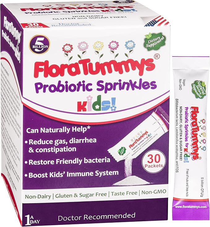 Probiotic Sprinkles for Kids: 30 Taste-Free, Powder Packets, Free of Food Allergens, Non-Dairy, Gluten Free, Sugar-Free, Non-GMO, Vegan