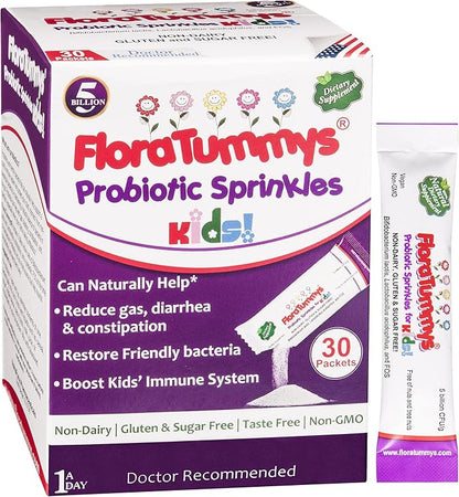 Probiotic Sprinkles for Kids: 30 Taste-Free, Powder Packets, Free of Food Allergens, Non-Dairy, Gluten Free, Sugar-Free, Non-GMO, Vegan