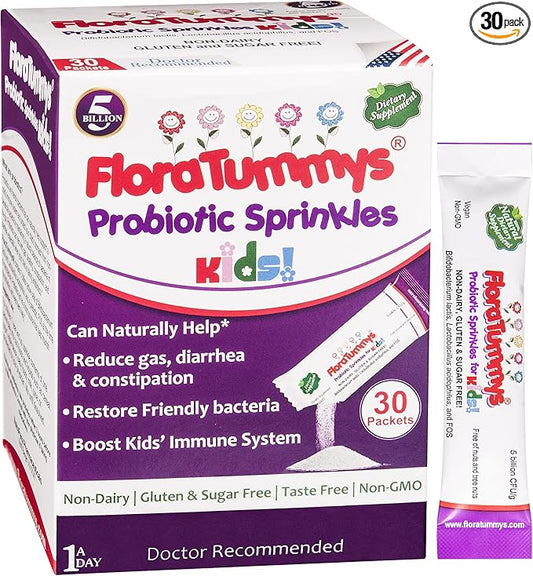 Probiotics for Kids: 30 Taste-Free Powder Packets, Free of Food Allergens, Non-Dairy, Gluten Free, Sugar Free, Non-GMO, Vegan