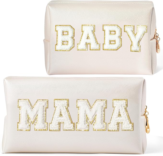 CY2SIDE MAMA Baby Letter Makeup Bag - 2PCS White MAMA and BABY Chenille Letter Patch Cosmetic Bag Pink PU Leather Patch Pouch Waterproof Portable Zipper Travel Organizer Case Xmas Gifts for Mom Women