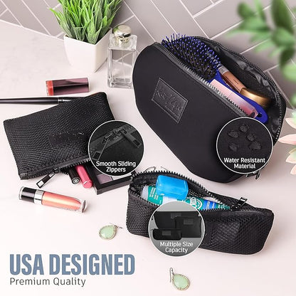 Kat Myhr Neoprene Washable Travel Makeup & Cosmetic Bag Set, 2 Air Mesh Pouches,100% Neoprene Toiletry Bag, Large Water Resistant Travel Bag for Toiletries, Makeup Cosmetic Travel Bag (Jet Black)