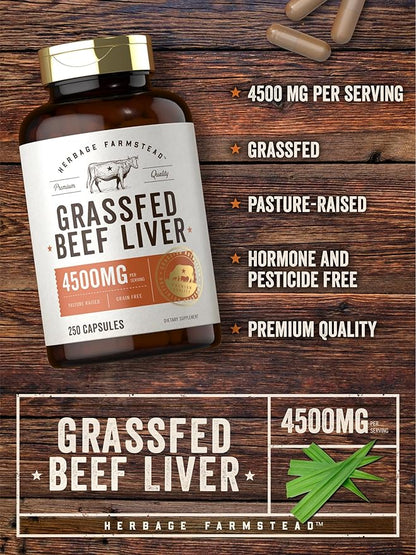 Carlyle Grass Fed Beef Liver Capsules 4500mg | 250 Count | Desiccated Supplement | Non-GMO, Gluten Free | by Herbage Farmstead