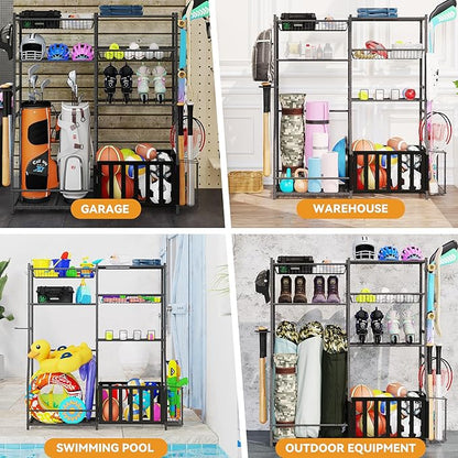 HOMREST Sports Equipment Storage,2 Golf Bag Storage Stand, Ball Holder, Garage Sports Organizer with Basket and Hooks, Sports Ball Storage for Toy Sports Gear Storage, Black