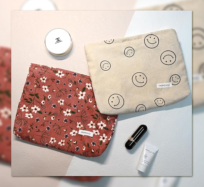 Corduroy Makeup Bag Cosmestic Bag Large Capacity Ladies Women Aesthetic Make Up Organizer Accessories Zipper Pouch Purse （Beige+Pink Flower）