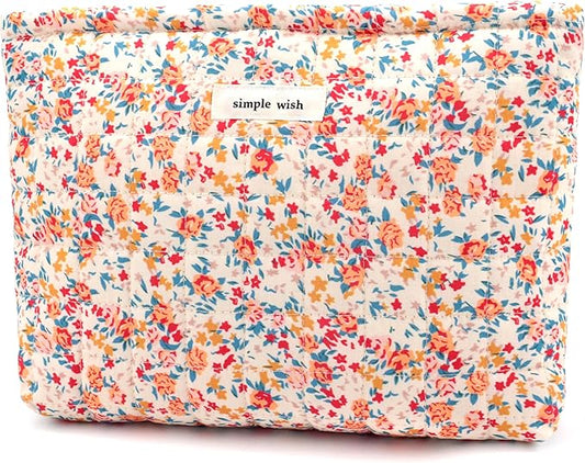 Cotton Quilted Makeup Bag for Women Coquette Floral Cosmetic Bag Cute Zipper Cloth Makeup Pouch for Purse Trendy Aesthetic Orange Flower Makeup Bag Travel Skincare Toiletry Bag Organizer