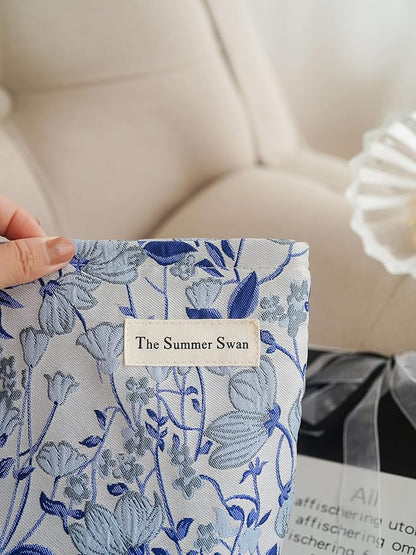 FlowerVineBlue Summer Swan | Large Aesthetic Floral Makeup Clutch | Period Kit | Hygiene & Skincare Bag