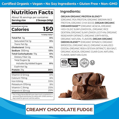 Orgain Organic Vegan Protein Powder + Greens, Creamy Chocolate Fudge - 21g Plant Based Protein, 7g Prebiotic Fiber for Gut Health, Gluten Free, No Lactose Ingredients, No Sugar Added, Non-GMO - 1.94lb