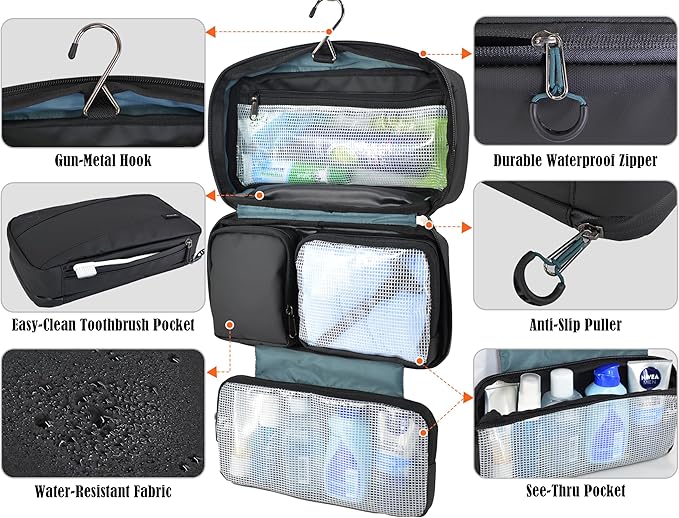 WELKINLAND 6-Pockets Toiletry bag, Shaving bag, Shower bags men, Mens bathroom bag, Hygiene bag men, Mens overnight bag toiletries, Mens toiletry bags traveling, Hanging toiletry bag men, Black