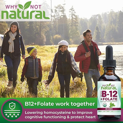 Why Not Natural Vitamin B12 Liquid Plus Folate - Organic Sublingual Extra Strength Vegan Drops - Methyl B12 and Folinic Supplement