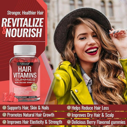 Hair Vitamins Gummies Supplement – Faster Hair Growth Gummy 5000mcg Biotin, Folic Acid, Vitamin C & E, Support Stronger & Thicker Hair, Skin, Nails, Non-GMO, for Men Women, 60 Berry Flavored Gummies