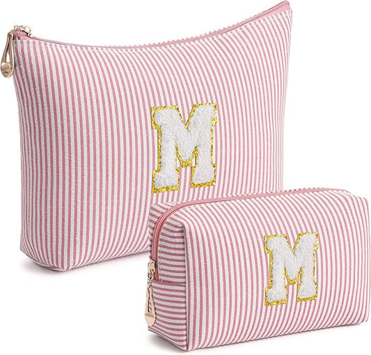 Pink Personalized Initial Makeup Bag Set, Cute Preppy Travel Toiletry Cosmetic Bags, Small Make Up Pouch, Birthday Gifts for Women, Girls, Friends, (M)