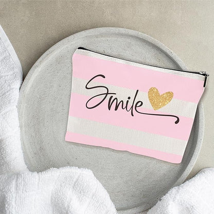 Stripes Makeup Bag - Smile - Heart Print Cosmetic Bag, Pink & White Toiletry Bag, Gift For Girls, Besties, Personal Care & Accessories - A29