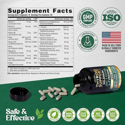 Thyroid Support for Women - Selenium 200 mcg | Zinc & Iodine | L-Tyrosine | Magnesium | Adaptogen Herbs - 21-in-1 Antioxidant & Immune Support - Vegan, Non-GMO, Lab Tested - 60 Capsules, Made in USA