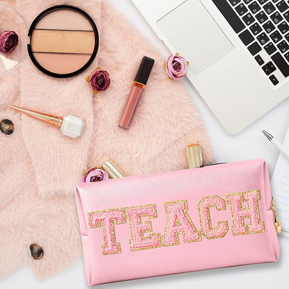 CY2SIDE TEACH Letter Makeup Bag - Pink TEACH Chenille Letter Patch Cosmetic Bag Pink PU Leather Patch Travel Pouch Waterproof Portable Zipper Travel Organizer for Teacher Appreciation Gifts Xams Gift