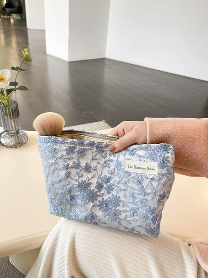 The Summer Swan | Floral Cosmetic Bag｜Large Aesthetic Makeup Bag Travel Personal Item Preppy Pouch Skincare (Embroidery Blue)
