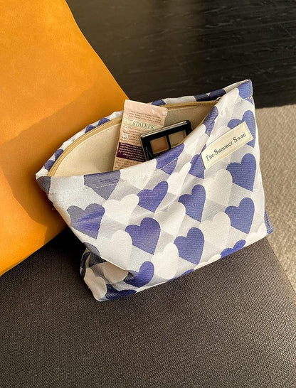Summer Swan | Large Floral Mid-day Clutch | Period Kit & Hygiene Bag | Skincare Bag (Valentine Hearts Blue)