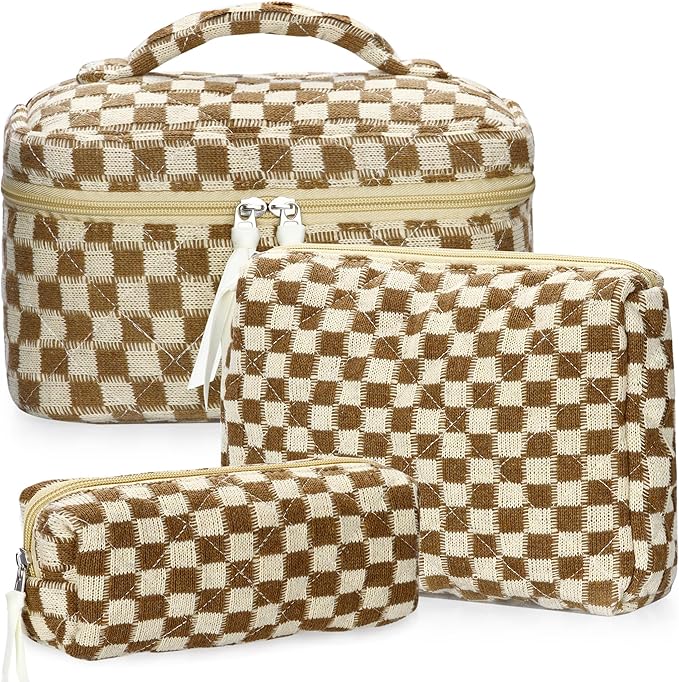 Quilted Makeup Bag Set, 3Pcs Large Checkered Corduroy Cosmetic Bags, Cute Coquette Makeup Bag Toiletry Zipper Pouch Bag for Women and Girls Checkered
