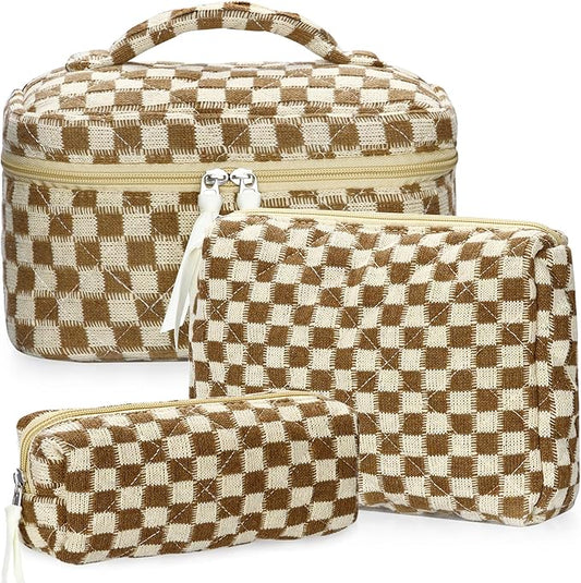 Quilted Makeup Bag Set, 3Pcs Large Checkered Corduroy Cosmetic Bags, Cute Coquette Makeup Bag Toiletry Zipper Pouch Bag for Women and Girls Checkered
